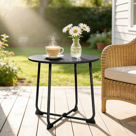 Table basse extérieure pour 2 personnes. table de jardin ronde base en X avec structure en métal. Ø 50 x 45.5 cm. noir