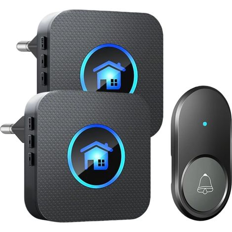 Wasserdichte, kabellose Außentürklingel, 300 m Reichweite, IP55 wasserdichte elektronische Klingel, Klingelset mit 2 Steckdosenempfängern, 55 Melodien mit 5 Lautstärkestufen, blaue LED (1/5)