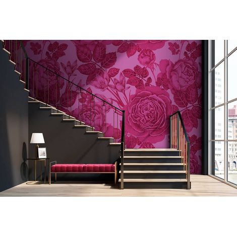 Papier peint panoramique fleuri rose | Tapisserie panoramique vintage pour chambre | Papier peint panoramique à motif floral - 270 x 400 cm (4 pièces) (1/5)