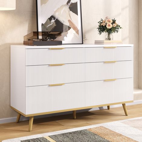 Comò in truciolare bianco 120 x 40 x 76,5 cm con 6 cassetti e piedi effetto legno