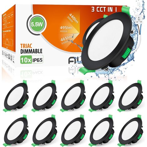 Lot de 6 Spot LED Encastrable 68mm,7W Led Spot Dimmable AC 220-240V,3000K 4000K 6500K Étanche IP44 Réglable Plafonnier Encastré pour Salle de Bain,Salon,Chambre,Cuisine,Rond,Noir