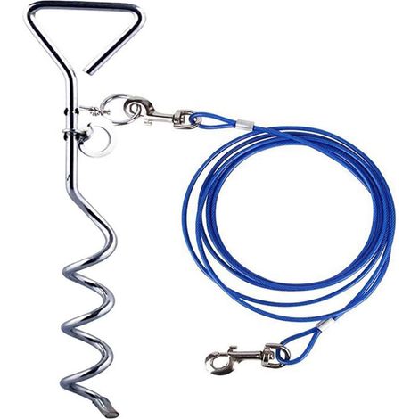 Câble d'attache pour chien avec piquet réfléchissant, pour jardin et camping, fixation par clou spiralé, bleu