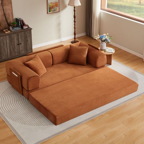 Canapé 3 place 204cm en velours côtelé,Canapé convertible,2 coussins,canapé lit,poches latérales pour rangement,sans montage,orange (1/5)