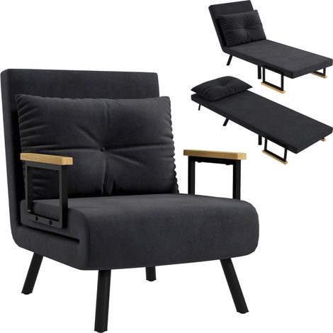 Fauteuil convertible 4 en 1 lit 1 place dossier 5 positions, accoudoirs en bois et coussin, tissu effet velours, noir (1/5)