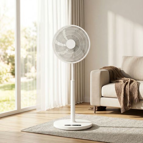 Ventilateur sur pied avec télécommande et 12 vitesses. Ventilateur de chambre réglable en hauteur. Blanc.