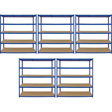 5 Estanterías Metálicas Azules T-Rax sin Tornillos 160x60x180cm de 5 Estantes Baldas Repisas Capacidad Peso 265kg por Estante Almacenamiento Almacenaje Herramientas Taller Garaje Almacén Cobertizo (1/5)