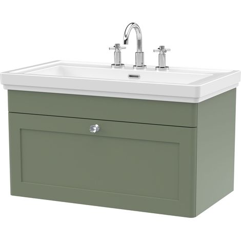 Nuie Classique Satin Green 800mm Wall Hung Single Drawer Vanity Unit and Classic Fireclay Basin with 3 Tap Holes - CLC896B (1/3)
