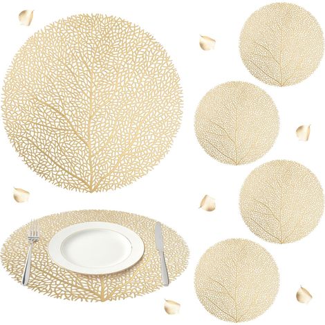 Lot de 6 sets de table ronds 38 × 38 cm motif corail doré en PVC ajouré imperméables résistants aux taches d’huile et faciles à nettoyer (1/5)