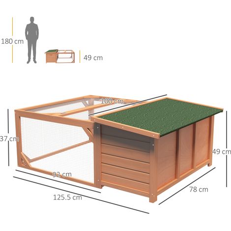 Cabane petits animaux vert naturel bois avec enclos bac amovible résistant aux intempéries 125,5x100x49cm, cage lapin facile d’entretien (1/5)