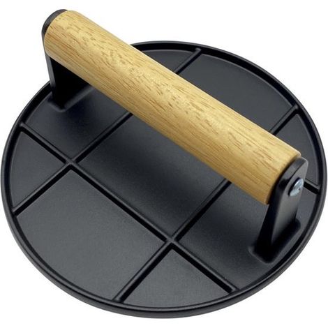 Pressa per hamburger in ghisa, resistente al calore, accessorio per barbecue, pressa per carne rotonda (diametro 16 cm), manico in legno resistente al calore (1/5)