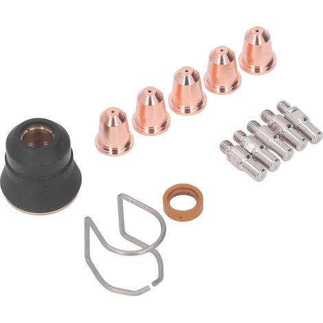 Set aus 13 Verbrauchsmaterialien für Plasmaschneidbrenner, Elektroden, Düsen, Abstandshalter, Gasverteiler, Führung und Zubehör. (1/5)