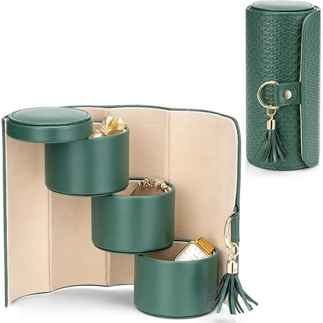 Organisateur de bijoux de voyage pliable en simili-cuir à 3 couches pour femmes, petit rangement portable sans enchevêtrement pour bagues, boucles d'oreilles, colliers et bracelets (1/5)