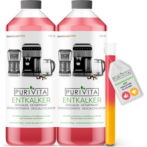PURIVITA® Universale Decalcificante Macchina Caffè [2x750ML] - Anticalcare Pulizia Macchine Caffe - Liquido Disincrostante per i Modelli Delonghi, Nespresso, Dolce Gusto, Lazzata & Altri Ancora (1/4)