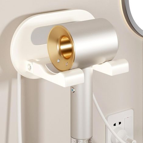 Support de sèche-cheveux en aluminium, fixation murale sans perçage, adhésif, pour salle de bain, toilettes, hôtel (blanc) (1/4)