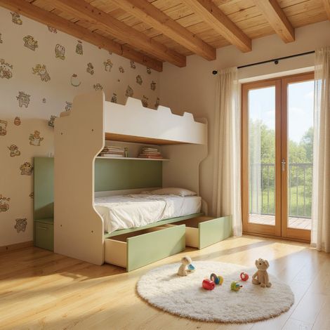 Letto a castello con scala contenitore e terzo letto estraibile - Cameretta salvaspazio - Ecru e Salvia
