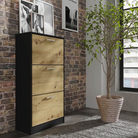 Mobiletto portascarpe IGA 3D con 3 ribalte – nero / rovere artisan