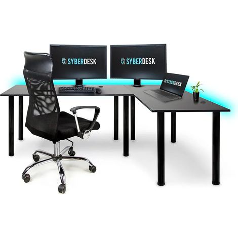Bureau d'angle gaming pro LED 197 x 132 cm – Panneau solide 18 mm – 4 passe-câbles – Hauteur réglable 72-75 cm – 16 couleurs LED – Syberdesk