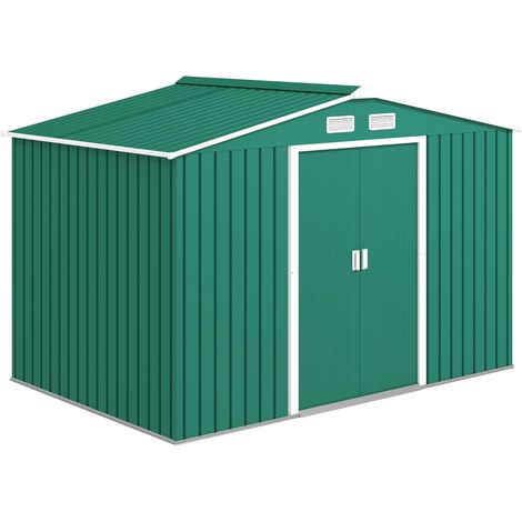 Abri de jardin 4,9 m² à Fondazione, 4 Prese d'Aria et 2 Porte Scorrevoli, cabane porte Attrezzi à Lamiera d'Acciaio, 277x195x192 cm, vert Scuro (1/5)
