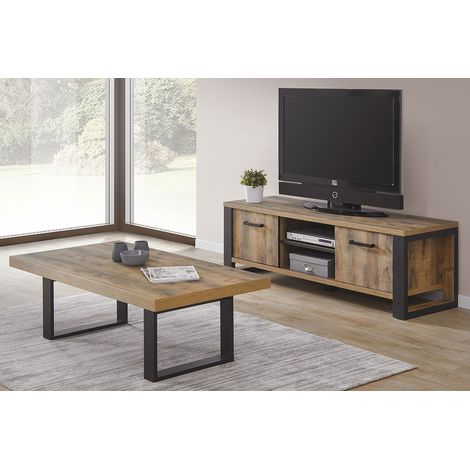 KORA - Ensemble Table Basse + Meuble TV Aspect Bois et Métal (1/4)