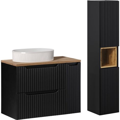 Conjunto mueble simple vasque 80cm 2 cajones 1 puerta y columna Riva Negro y Madera (1/5)