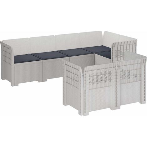 Canapé de Jardin 7 Places Modulable en PP Aspect Rotin Blanc avec Coussins Gris Clair - PANGIVO (1/5)