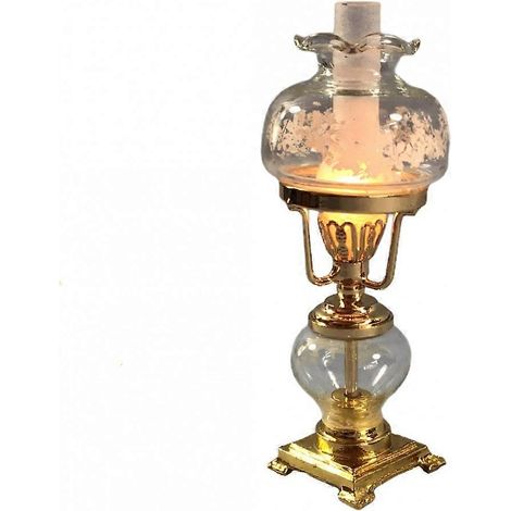 Lampe à huile victorienne fantaisie pour maison de poupée, abat-jour en verre gravé doré, éclairage électrique ( )