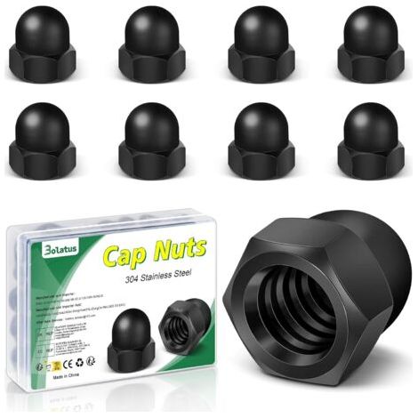 Lot de 10 écrous à chape M12 noir, Bolatus haute forme Écrous à chape hexagonaux de haute qualité, écrous à capuchon en acier inoxydable pour vis tiges filetées et boulons filetés, écrou borgne moto (1/5)