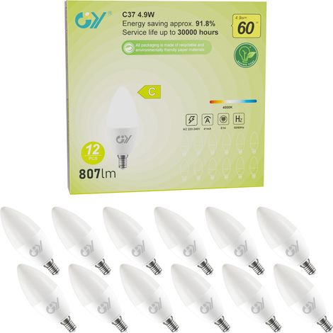 XEPHO GY Ampoule LED bougie C37 E14 4,9W 4000K blanc naturel, 807 lumens, non réglable, classe C, économie d'énergie, pack de 12 (1/5)