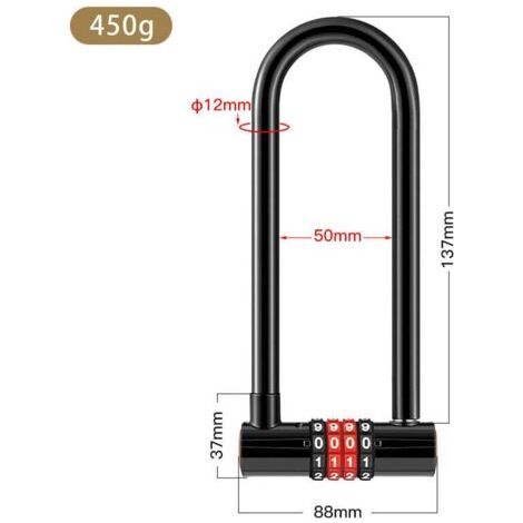 Antivol de vélo en forme de U, cadenas à combinaison à 4 chiffres, fonction de réinitialisation, étanche, joint à double tenon, crochet de cadenas de 137 mm de long, convient aux portails d'école. (1/3)
