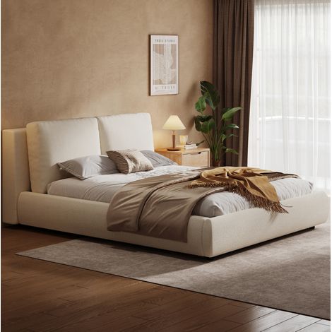 Doppelbett 180x200 cm Beige Bouclé mit Lattenrost und ergonomischem gepolstertem Kopfteil (1/5)