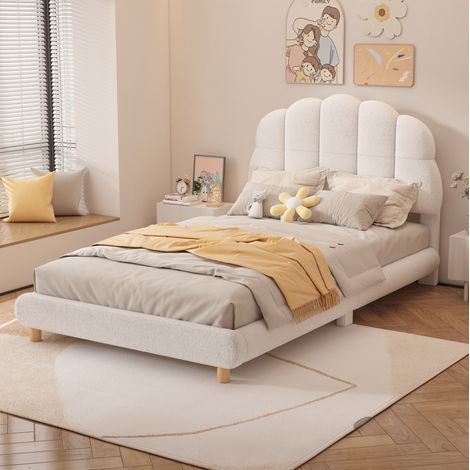 Lit enfant moderne 90x200 cm en peluche blanc avec tête de lit décorative et sommier à lattes (1/5)