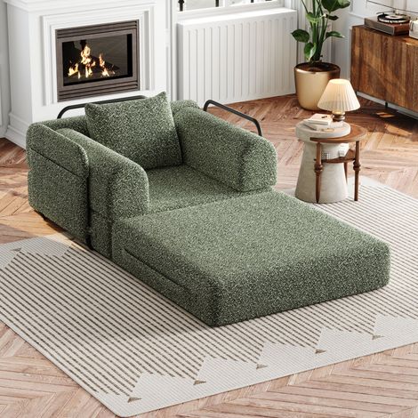 Divano letto singolo in ciniglia verde 2 in 1 con vano portaoggetti nel bracciolo