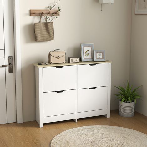 Schuhschrank für 16 Paar Schuhe, schmaler Schuhschrank mit 4 Klappschubladen und verstellbaren Einlegeböden, modernes Design, für Flur oder Eingangsbereich, 105 x 26 x 80 cm, weiß und eiche