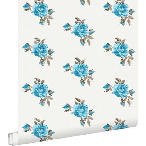 papier peint broderie de petites roses turquoise  - ESTAhome
