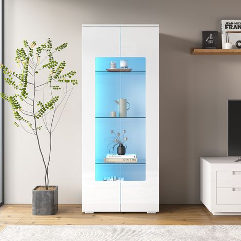 Vitrine blanc laqué 70 x 40 x 173 cm pour salon, 2 portes acryliques, étagères verre trempé, MDF blanc, LED app‑contrôlée (1/5)