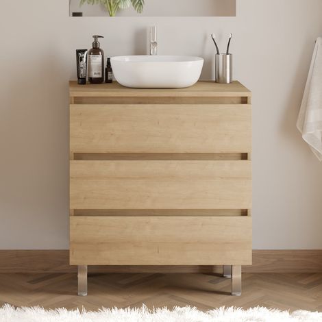 Meuble de salle de bain 60cm avec plateau et vasque à poser arrondie - 3 tiroirs - sans miroir - nebraska (chêne clair) - MAYOR