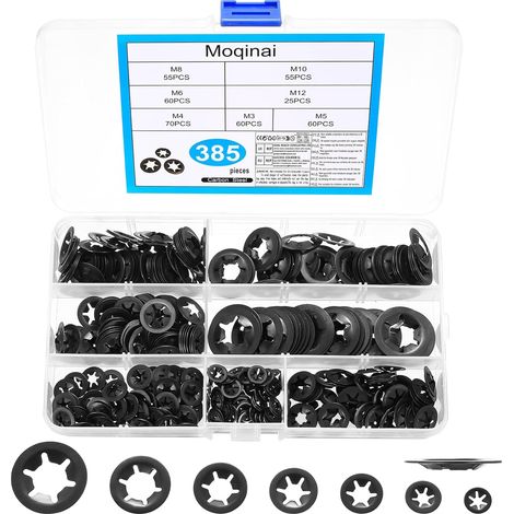 385 Pièces Rondelles de Sécurité, Anneaux de Retenue Intérieure, Rondelles Dentées Métalliques, Clips de Verrouillage Étoile, Assortiment M3 M4 M5 M6 M8 M10 M12 (1/5)