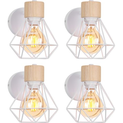 Applique Mural Vintage Industrielle E27 Lampe de Mur Luminaire Ajustable en Métal et Bois Blanc - 4PCS