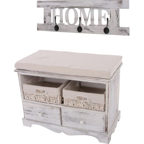 Panca cassettiera shabby vintage con attaccapanni 42x62x33cm home legno di paulonia bianco