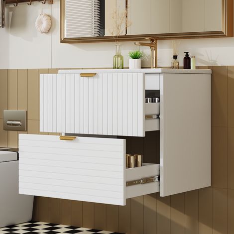 Meuble de salle de bain suspendu 61 cm avec vasque céramique - meuble sous vasque MDF laqué 2 tiroirs silencieux, moderne, blanc (1/5)