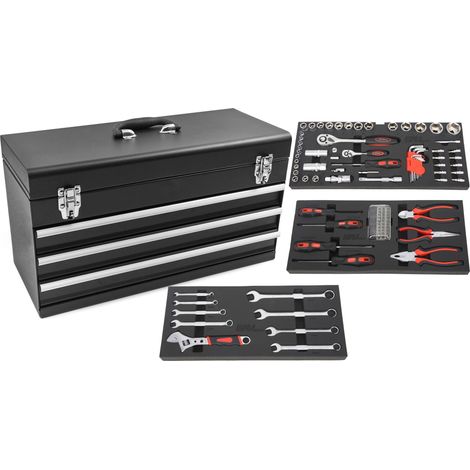 Caja de herramientas tipo Cofre con 3 cajones y 1 compartimento superior para guardar herramientas, negro, 103 piezas