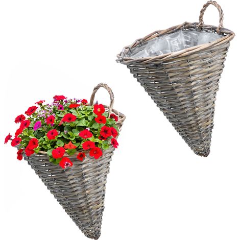 Rattan Wand Blumenampel konisch 32 x 25 cm natur mit Folie - 2er Set - Korbgeflecht Pflanzkorb zum Hängen halbrund für Innen und Außen