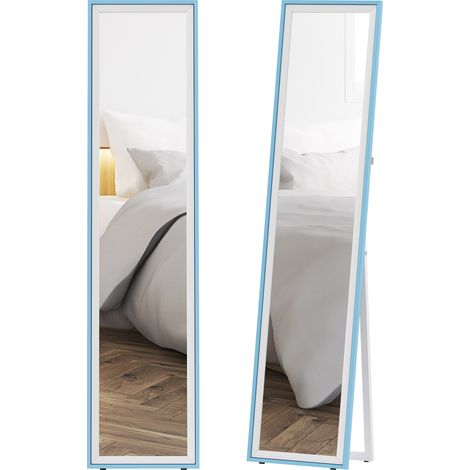Specchio a figura intera autoportante con cornice in MDF. Specchio rettangolare da parete con 2 modalità di utilizzo. 37x4x157 cm. Bianco e blu.