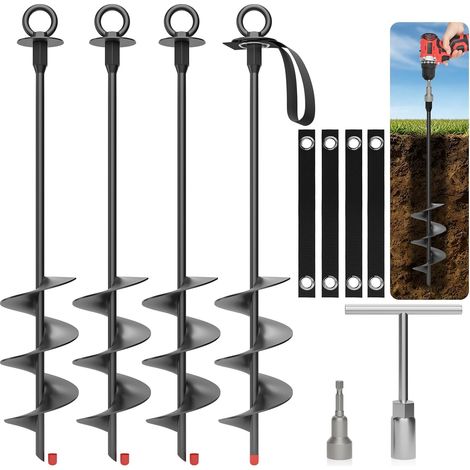 Tige d’ancrage au Sol Robuste en Acier Inoxydable 4 pièces 45cm piquets à visser avec sangles et outil de montage, trampoline tente pergola carport balançoire, kit de fixation anti-vent (1/5)