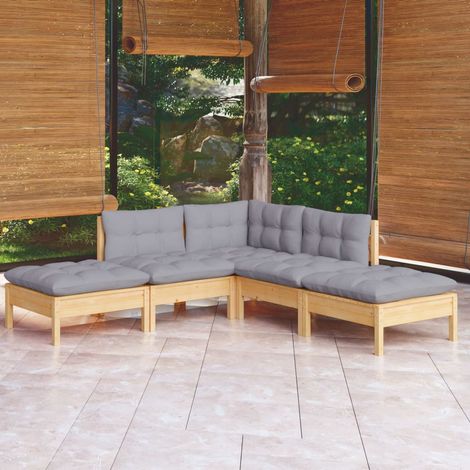 Salon de jardin 5 pcs Meuble de jardin Mobilier de jardin avec coussins gris Bois de pin 45455 (1/5)