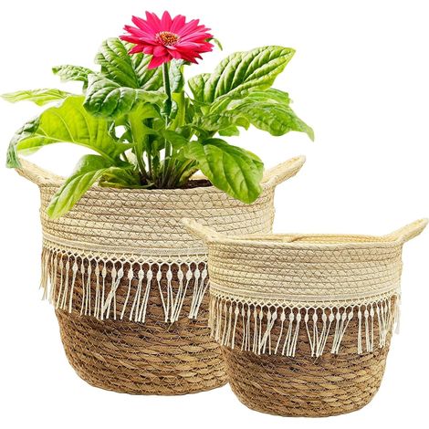 2 Grands Caches pot en osier, Panier à Plantes d'intérieur, Pot de fleurs Jardin decoratif en seagrass avec Doublure Plastique Étanche et Poignées, Panier de Rangement, diamètre 20cm et 25cm (1/5)