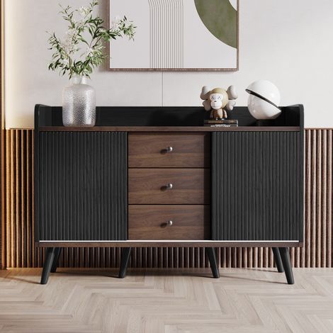Buffet con 3 Cassetti e Porte Scorrevoli, Design Moderno in Legno con Ripiani di Stoccaggio, Ideale per Camera da Letto e Soggiorno - Nero