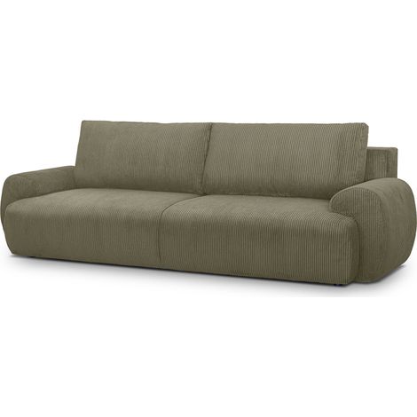 Canapé convertible - 3 places - MILO - Tissu velours côtelé Vert kaki - Coffre de rangement - 254 x 99 x 84 cm