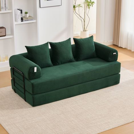 Divano trasformabile a 3 posti, divano dritto con 3 cuscini, mobile per soggiorno/camera da letto, struttura in metallo, tessuto in velluto a coste, verde (1/5)