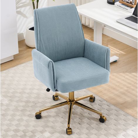 Chaise de bureau pivotante ergonomique, fauteuil avec dossier mi-haut, base dorée, tissu côtelé bleu (1/5)